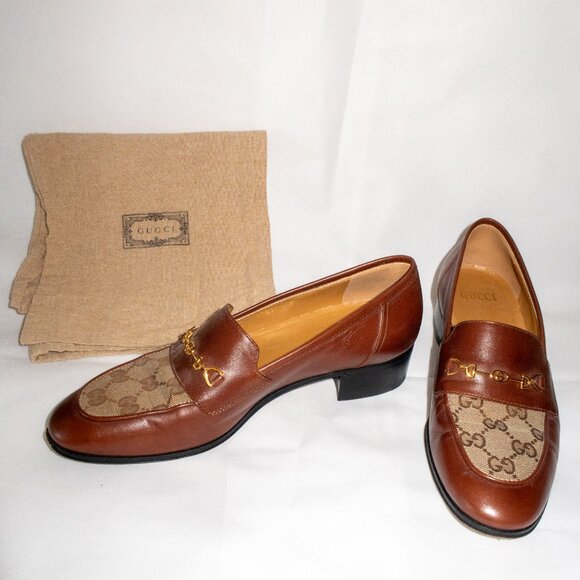 Gucci Leather & GG Logo Canvas Heeled 100 Loafers (IT/EU 38, US 7.5 - 8) - Picture 3 of 16